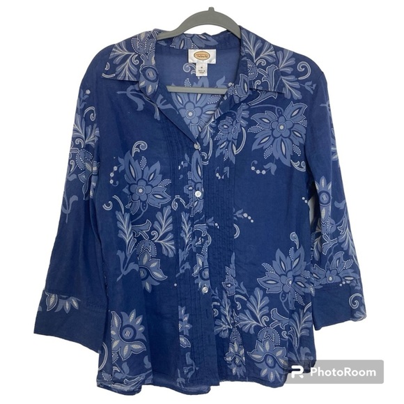Talbots Tops - Talbots  Blouse Button Front Floral Pattern Collared Long Sleeve Blue Size M